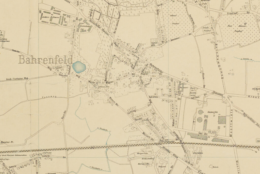 Plan der Stadt Altona, 1907 (Altonaer Museum, Inv. Nr. AB10879). Mittig ist der Bahrenfelder See und darüber das Gelände des heutigen Parks zu sehen.