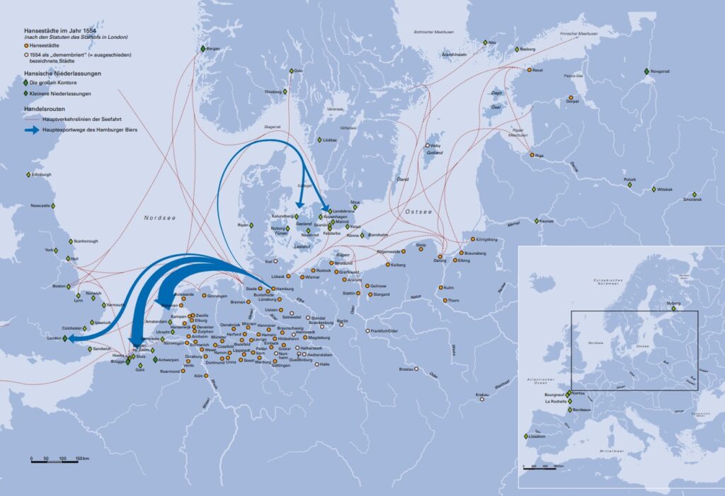 Hansestädte, hansische Niederlassungen, Schiffsrouten und Hauptexportgebiete für Hamburger Bier.